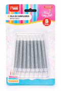 Vela Glitter Plateada – 8 unidades