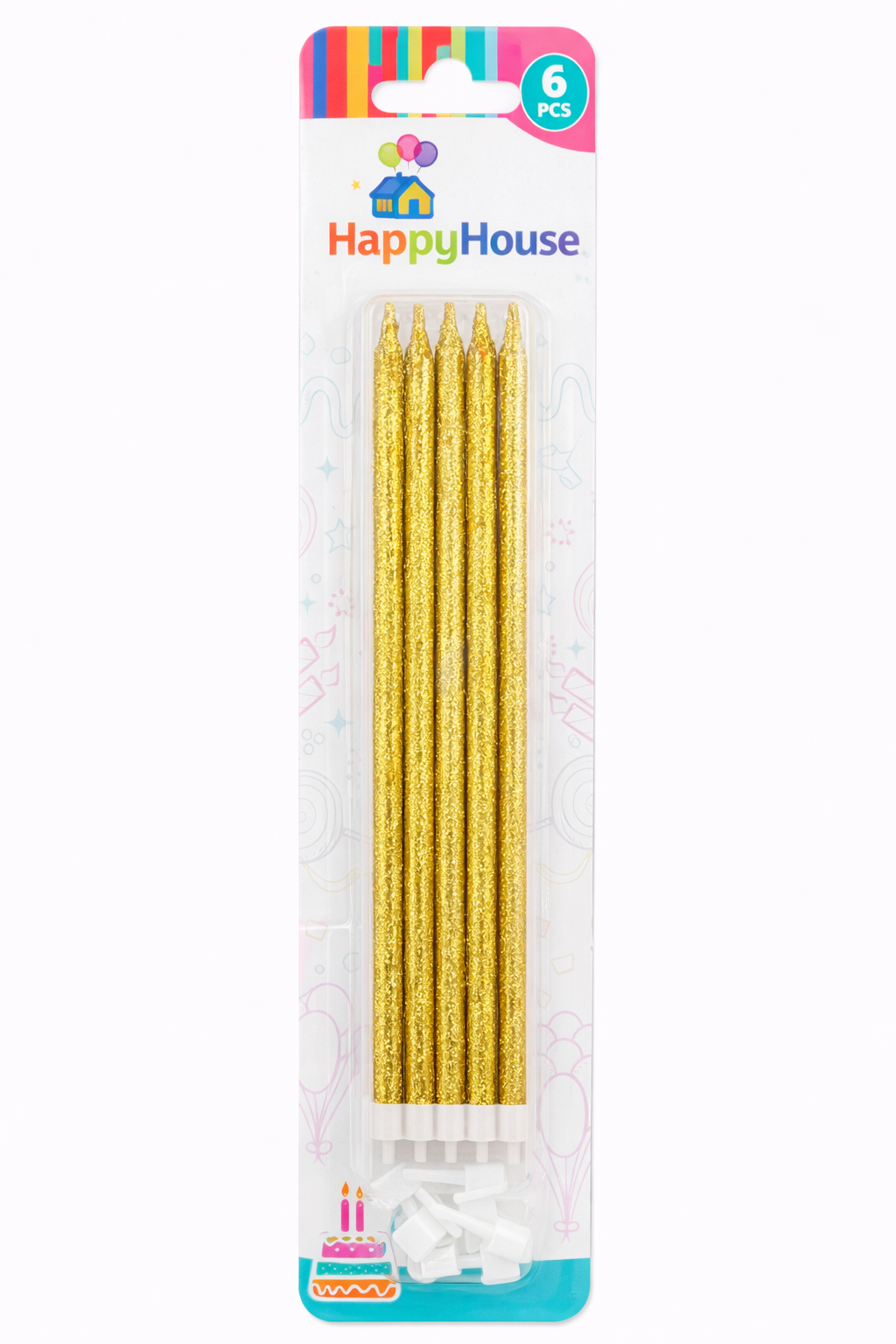 Vela Larga Glitter Dorada - 6 unidades