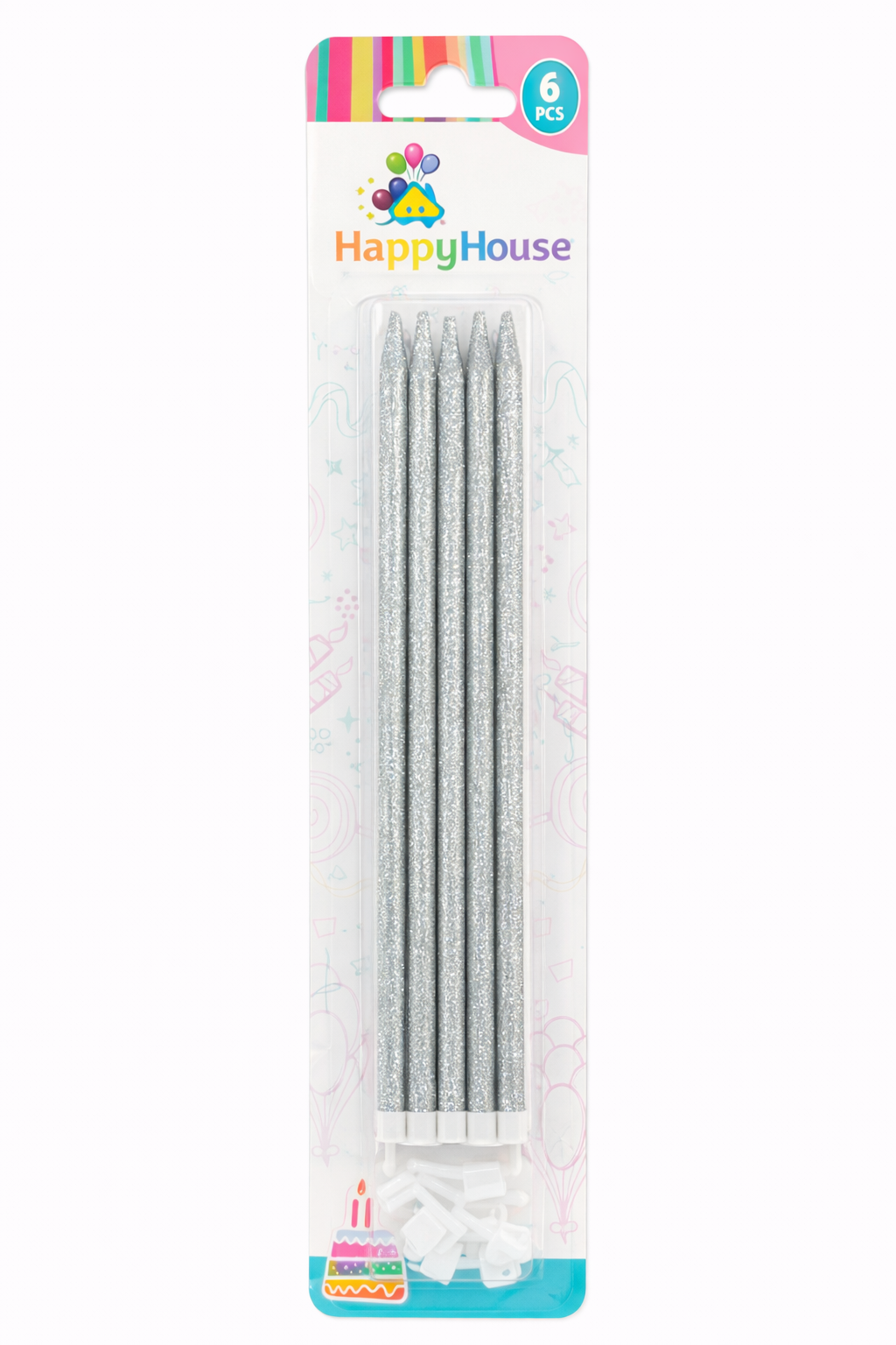 Vela Larga Glitter Plateada - 6 unidades